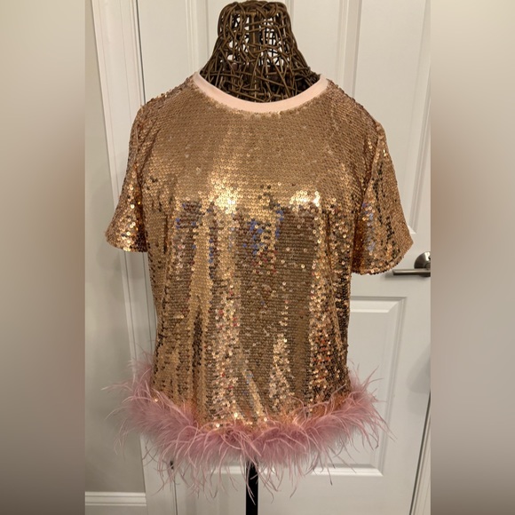 Fabulous Rose Gold Sequin and Pink Feather Top Size L - Picture 6 of 7